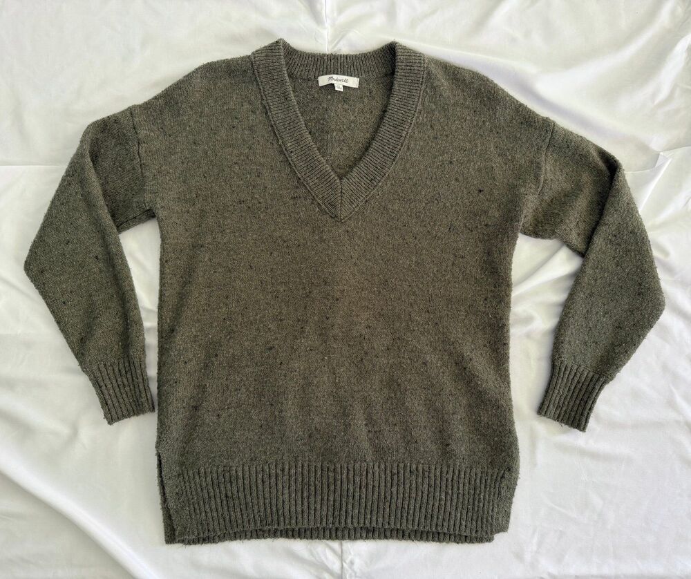 Madewell V-Neck Pullover Sweater Olive Green Tweed Size XS